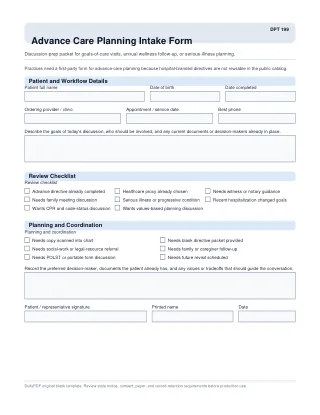 DPT 199 fillable PDF first-page preview of Advance Care Planning Intake Form