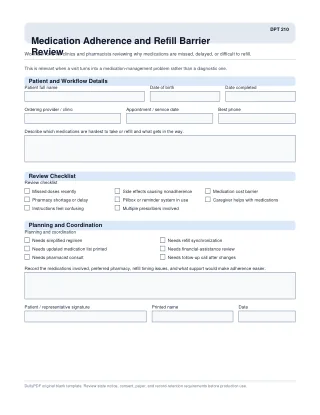 DPT 210 fillable PDF first-page preview of Medication Adherence and Refill Barrier Review