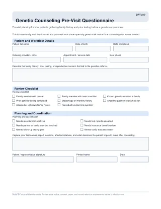 DPT 217 fillable PDF first-page preview of Genetic Counseling Pre-Visit Questionnaire