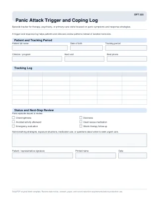 DPT 225 fillable PDF first-page preview of Panic Attack Trigger and Coping Log