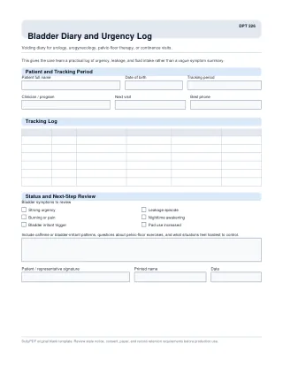 DPT 226 fillable PDF first-page preview of Bladder Diary and Urgency Log
