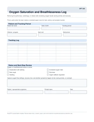 DPT 233 fillable PDF first-page preview of Oxygen Saturation and Breathlessness Log