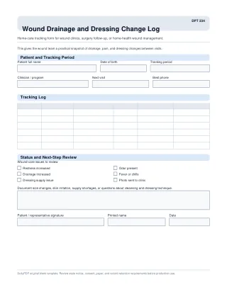 DPT 234 fillable PDF first-page preview of Wound Drainage and Dressing Change Log