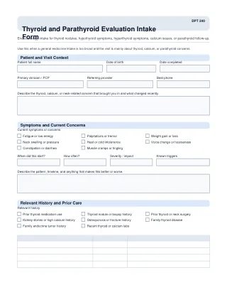 DPT 240 fillable PDF first-page preview of Thyroid and Parathyroid Evaluation Intake Form