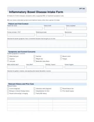 DPT 260 fillable PDF first-page preview of Inflammatory Bowel Disease Intake Form