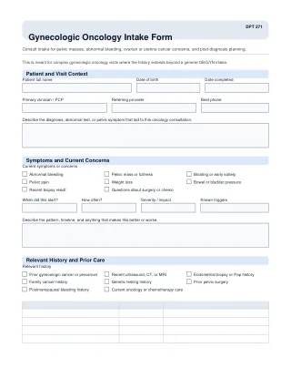DPT 271 fillable PDF first-page preview of Gynecologic Oncology Intake Form
