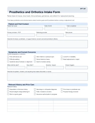 DPT 287 fillable PDF first-page preview of Prosthetics and Orthotics Intake Form