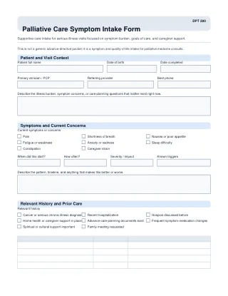 DPT 290 fillable PDF first-page preview of Palliative Care Symptom Intake Form
