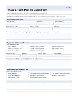 DPT 309 fillable PDF first-page preview of Wisdom Tooth Post-Op Check Form