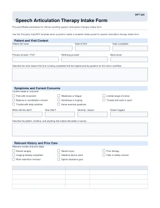 DPT 329 fillable PDF first-page preview of Speech Articulation Therapy Intake Form