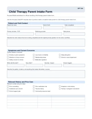 DPT 334 fillable PDF first-page preview of Child Therapy Parent Intake Form