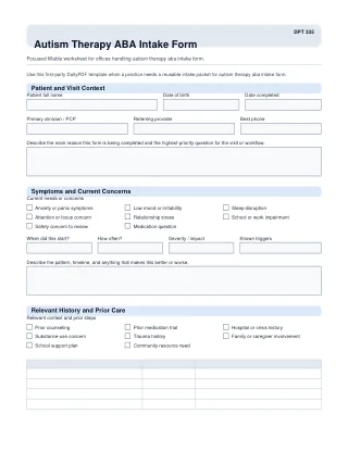 DPT 335 fillable PDF first-page preview of Autism Therapy ABA Intake Form