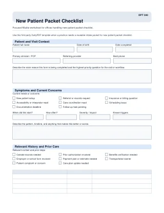 DPT 340 fillable PDF first-page preview of New Patient Packet Checklist