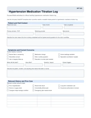 DPT 353 fillable PDF first-page preview of Hypertension Medication Titration Log