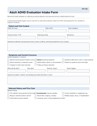 DPT 400 fillable PDF first-page preview of Adult ADHD Evaluation Intake Form