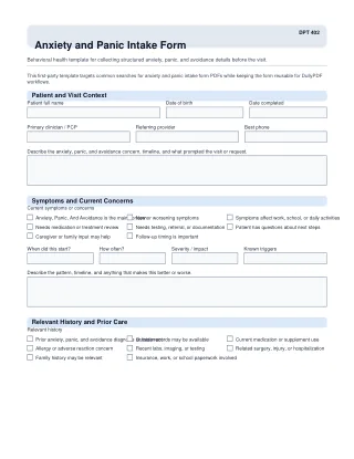 DPT 402 fillable PDF first-page preview of Anxiety and Panic Intake Form