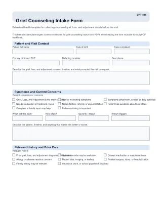 DPT 404 fillable PDF first-page preview of Grief Counseling Intake Form