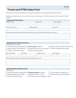 DPT 405 fillable PDF first-page preview of Trauma and PTSD Intake Form