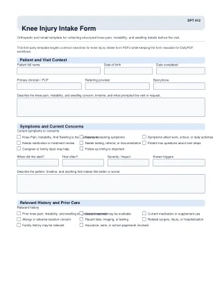 DPT 412 fillable PDF first-page preview of Knee Injury Intake Form
