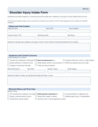 DPT 413 fillable PDF first-page preview of Shoulder Injury Intake Form