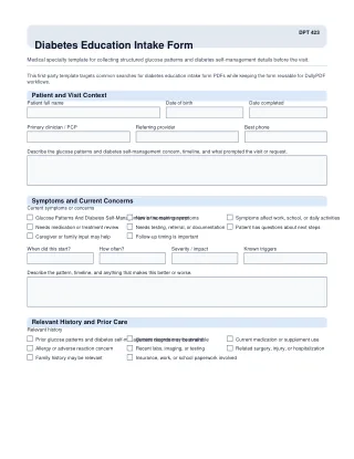 DPT 423 fillable PDF first-page preview of Diabetes Education Intake Form