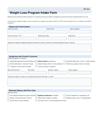 DPT 424 fillable PDF first-page preview of Weight Loss Program Intake Form