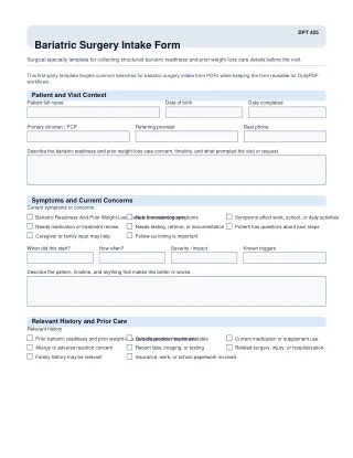 DPT 425 fillable PDF first-page preview of Bariatric Surgery Intake Form