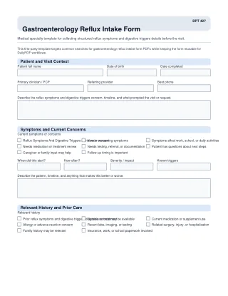 DPT 427 fillable PDF first-page preview of Gastroenterology Reflux Intake Form