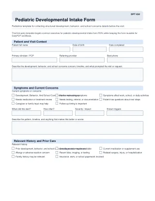 DPT 434 fillable PDF first-page preview of Pediatric Developmental Intake Form