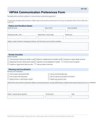 DPT 452 fillable PDF first-page preview of HIPAA Communication Preferences Form