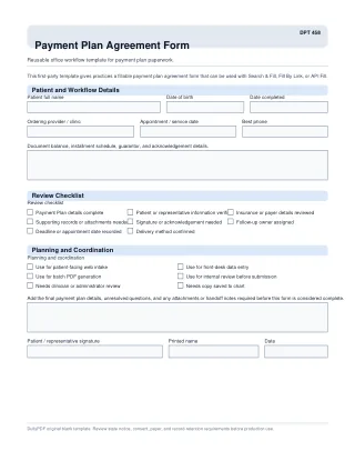 DPT 458 fillable PDF first-page preview of Payment Plan Agreement Form