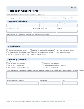DPT 459 fillable PDF first-page preview of Telehealth Consent Form