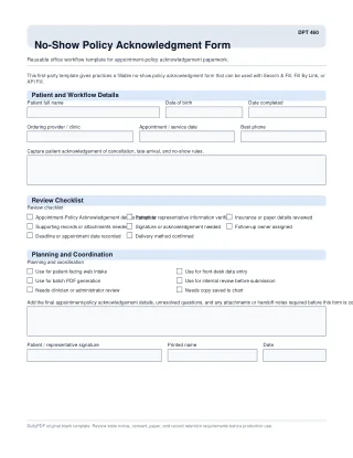 DPT 460 fillable PDF first-page preview of No-Show Policy Acknowledgment Form