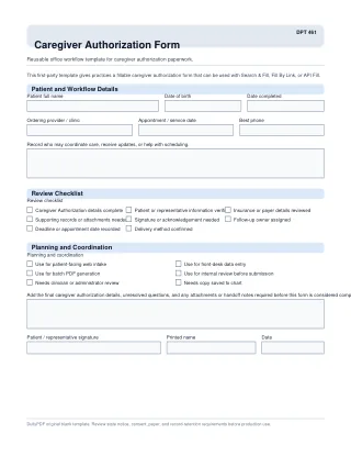 DPT 461 fillable PDF first-page preview of Caregiver Authorization Form