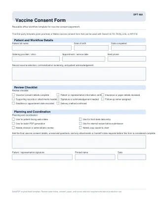 DPT 468 fillable PDF first-page preview of Vaccine Consent Form
