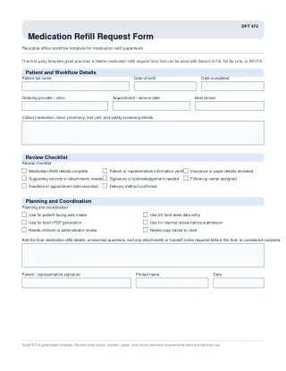 DPT 472 fillable PDF first-page preview of Medication Refill Request Form