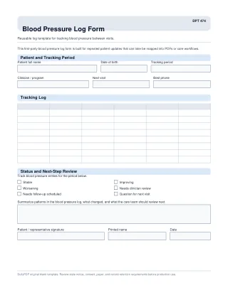 DPT 474 fillable PDF first-page preview of Blood Pressure Log Form