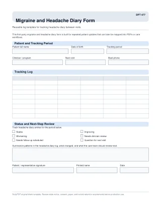 DPT 477 fillable PDF first-page preview of Migraine and Headache Diary Form