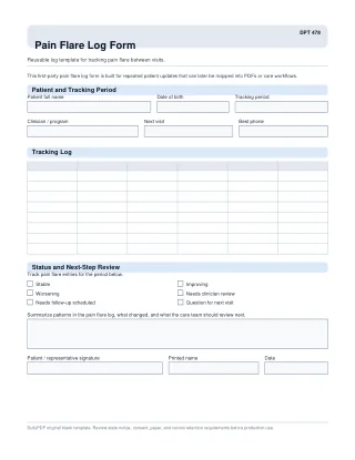DPT 478 fillable PDF first-page preview of Pain Flare Log Form