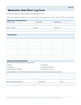 DPT 479 fillable PDF first-page preview of Medication Side Effect Log Form