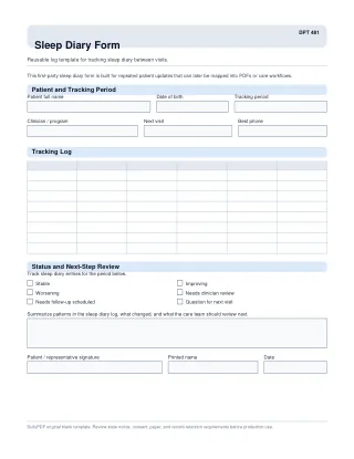 DPT 481 fillable PDF first-page preview of Sleep Diary Form