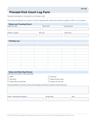 DPT 486 fillable PDF first-page preview of Prenatal Kick Count Log Form