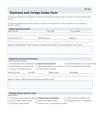 DPT 498 fillable PDF first-page preview of Dizziness and Vertigo Intake Form
