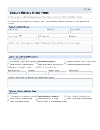 DPT 500 fillable PDF first-page preview of Seizure History Intake Form
