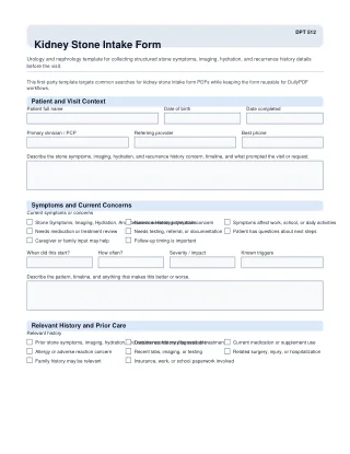 DPT 512 fillable PDF first-page preview of Kidney Stone Intake Form