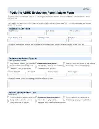 DPT 518 fillable PDF first-page preview of Pediatric ADHD Evaluation Parent Intake Form