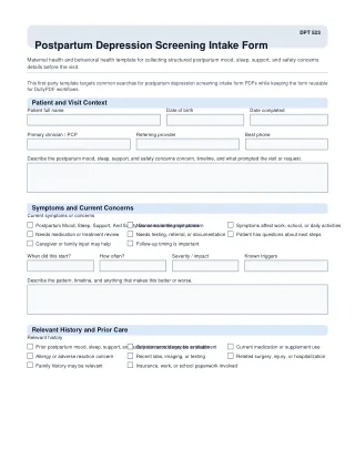 DPT 523 fillable PDF first-page preview of Postpartum Depression Screening Intake Form