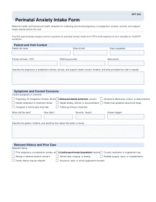 DPT 524 fillable PDF first-page preview of Perinatal Anxiety Intake Form
