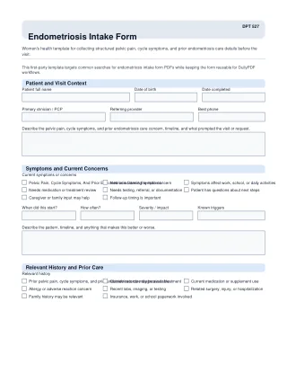 DPT 527 fillable PDF first-page preview of Endometriosis Intake Form