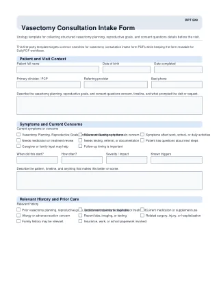 DPT 529 fillable PDF first-page preview of Vasectomy Consultation Intake Form